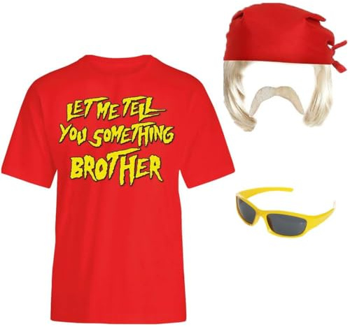 Erwachsenenkostüm 1980er Jahre Wrestler Kostüm - Rotes Bandana, blonde Perücke, rotes T-Shirt mit Slogan Print, blonder Schnurrbart, Brille, Retro Wrestling Outfit für Party & Halloween