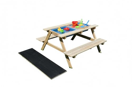 Relaxdays Kindersitzgruppe Holz, 3in1, Spieltisch, Matschküche & Picknicktisch, mit Tafel, HxBxT: 48,5x89x85cm, Natur