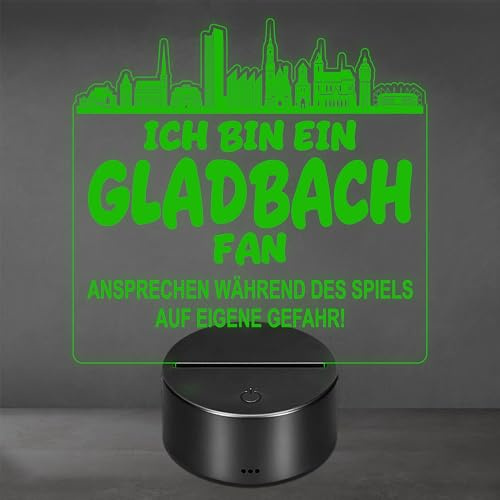 Lieblingsmensch Gladbach Fan Fußball LED Nachtlicht – 3D Skyline Design „Ansprechen auf eigene Gefahr“ – RGB Farbwechsel mit Fernbedienung & Touch – Stimmungslicht für die Man Cave – 19x23cm