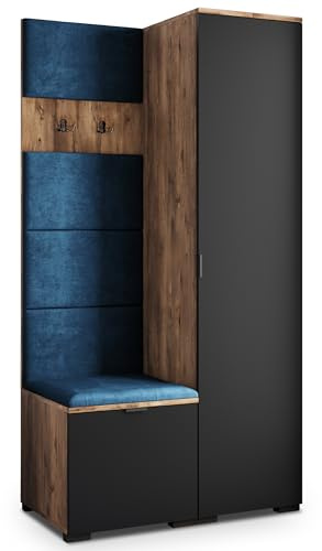 Masseno Flugarderoben Set Lori, Kleiderschrank-Set mit Sitzbank, Garderobenschrank Flur mit 3 Regalböden, Eiche Lefkas/Schwarz