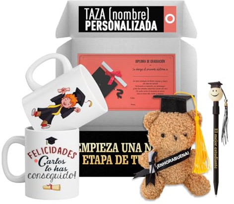 LINFORMAL Pack Regalo Graduación Chico Personalizado, Taza Personalizada Graduación + Osito 10 cm con Banda Enhorabuena + Bolígrafo Mejor Estudiante, Detalle para Graduado