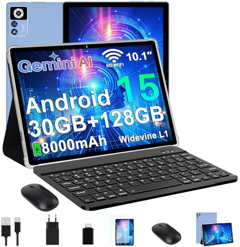 ZIOVO Android 15 Tablet 10 Pollici,Gemini AI,30GB RAM+128GB ROM(TF 1TB) Tablets,5G WiFi Tablets,Octa-Core 2.0 GHz/Widevine L1/8000 mAh/Bluetooth 5.0/GPS/Face ID/2 in 1 Tablet con Tastiera e Mouse-Blu