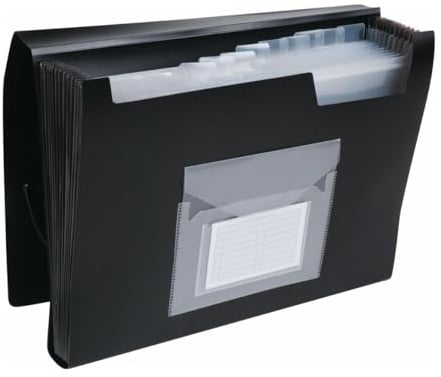 Q-Connect Fächermappe Organizer mit Gummiband / 12 Fächer/Trennstreifen/Taschen/PP/Dokumentenmappe A4 / Schwarz/hat Fächer mit Indexfenstern und Indexen
