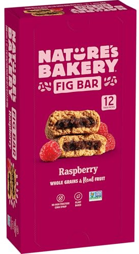Nature’s Bakery Whole Wheat Fig Bars, Raspberry, Real Fruit, Vegan, Non-GMO, Snack bar, 1 box with 12 twin packs (12 twin packs)