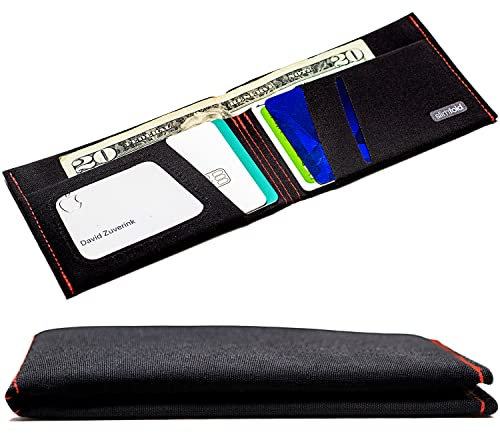 SlimFold Micro Minimalistische Vordertasche Vegane Slim Wallets für Männer (RFID Blocking), Schwarz mit roter Naht - RFID, Einheitsgröße