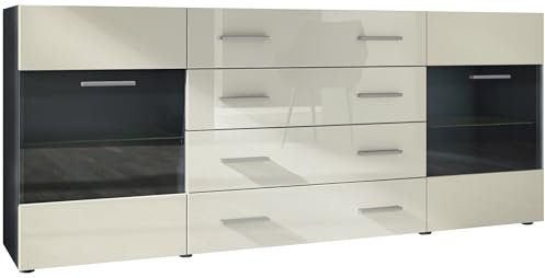 Vladon Sideboard Kommode Bari V2, Made in Germany, Korpus in Schwarz matt/Front in Creme Hochglanz (166 x 72 x 35)