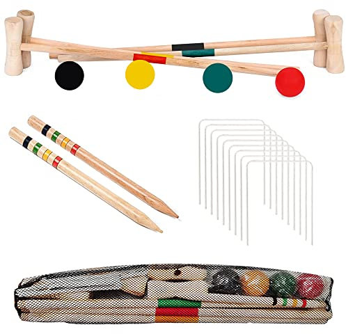 Crystals Traditional Garden Wooden Mallet Balls 4 Player Croquet Game Set for Great Outdoor Fun