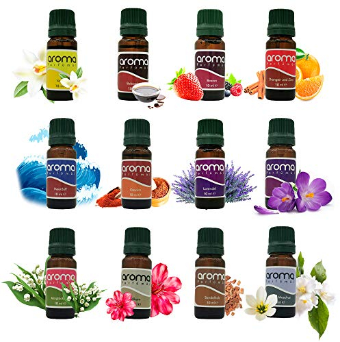Dell'art Parfümöl Set, 12-teilig je 10 ml, Raumduft, Duftöl Geschenkset, Diffuser, Zerstäuber, Öllampe, fruchtig, blumig Sandelholz, Lavendel