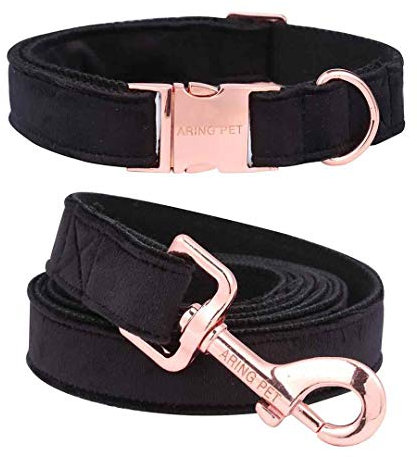 Aring Pet Hundehalsband und Leine, Samt, weich und bequem, verstellbare Halsbänder für Hunde, M, schwarz