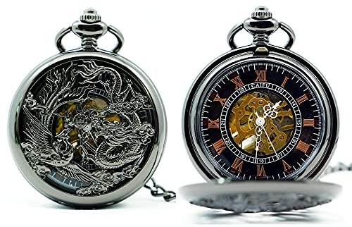 Minimum Mouse Chinese Dragon Black Mechanical Hand Wind Pocket Watch