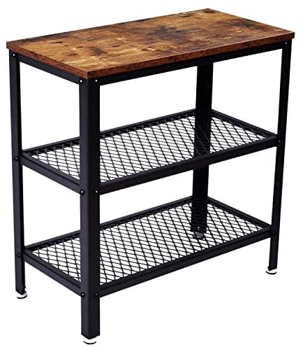 ALPIKA 3-Tier Retro Side Table, Console Table with Storage Rack, Narrow Nightstand for Small Spaces, Mesh Shelf for Living Room, Bedroom, Entryway, Kitchen Storage Table,Easy Assembly, Rustic Brown