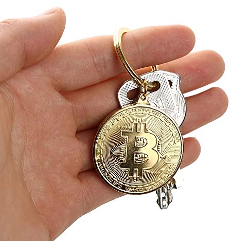 PfX Goldene Bitcoin Schlüsselanhänger Münze [mit 24-Karat Echt-Gold überzogen] inklusive Schlüsselring zur Befestigung (Gold)