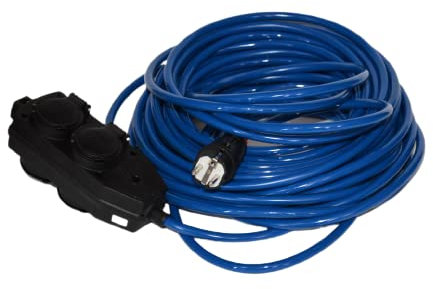 Hilark Cable alargador Pur IP44 3 Hilos 2,5mm2 H07BQ-F 3g2,5mm2 (3x2,5) 4 Tomas Schuko con Tapa Protectora (50 Metros, Bloque de enchufes Negro, Сable Azul)