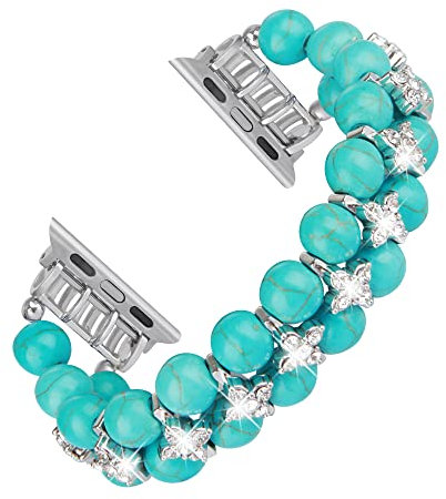 GEMEK Pearl Pulsera Compatible con Apple Watch Band 38/40/41mm iWatch Series 9/8/7/6/5/4/3/2/1, Elástico Artificial Diamante Joyería Pulsera Correa de repuesto para las mujeres (Turquesa)