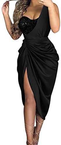 Women's Ruched Asymmetrical Deep V Neck Sleeveless Bodycon Tank Dress - Summer Casual Beach Sundress & Elegant Sleeveless Sequins Cocktail Party Evening Formal Dress