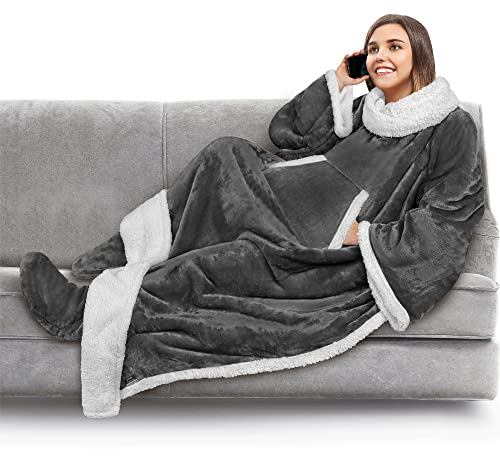 Pavilia Sherpadecke mit Ärmeln, Fußtaschen für Damen, Herren, tragbare dicke Decke, Überwurf, warme Kuschelfleecedecke, Bademantel, gemütliche Geschenkideen, Ehefrau, Mutter, Dunkelgrau