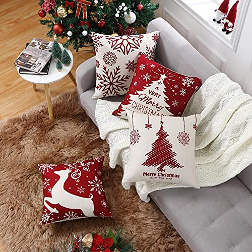 CAROMIO Rot Weihnachtskissenbezüge 40 cm, Weihnachtsdekorationen Kissenbezüge 4er Set, Frohe Weihnachten mit Hirschmuster für Weihnachten Heimdekoration, Xmas Cushion Covers 40 x 40 cm