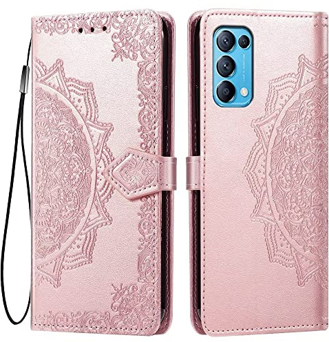 HONLEN Hülle für Oppo Find X3 Lite/Oppo Reno5 5G Handyhülle, (6.43 Inches) Premium PU Leder Wallet Magnetverschluss Flip Case mit 3 Kartenfach,Mandala Muster Case Roségold