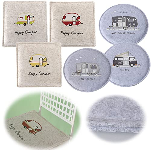LS-LebenStil Filz Sitzkissen Happy Camper 35x35cm Beige Quadrat Deko-Kissen Stuhlkissen