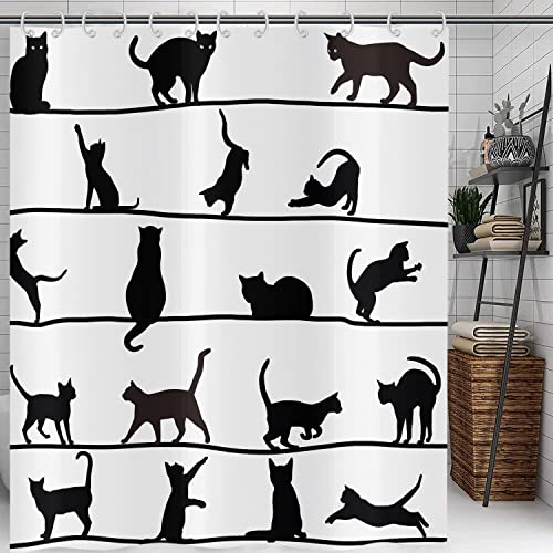 Hnmdmyi Duschvorhang Lustig Katze 180x180, Schwarzes Kätzchen Silhouette Badewanne Vorhang Kinder Niedlich Cartoon Tier Schwarz und Weiß Minimalismus Kunst Wasserdicht Stoff Waschbar Badevorhang