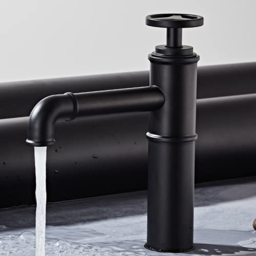 Robinet de lavabo en laiton de style industriel, mitigeur chaud et froid, en forme de tuyau d'eau, robinet de lavabo de salle de bain, poignée unique, monté sur le pont (S, noir mat)