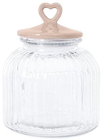 INTRECCI Barattolo Contenitore in Vetro con Tappo a Cuore Certificato per Alimenti, Barattoli Contenitori con Coperchio Organizer Cucina Caffè Sale Biscotti Pasta Caramelle (Rotondo Tortora 2900 ML)
