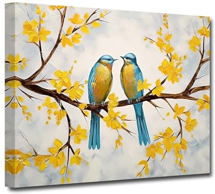CXHOSTENT Vogel Leinwand Wandbilder zwei Paar Vögel auf Zweig gelbe Blume Baum Kunstdrucke Liebesvögel Bilder für Heimdekoration (A, 40.00 x 60.00 cms)