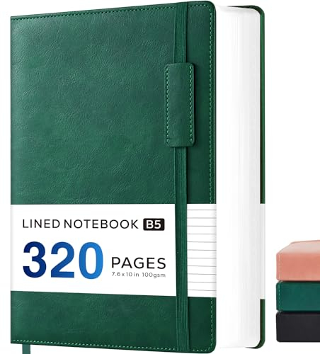 NIRMIRO Notizbuch B5, Liniert Großes Tagebuch für Erwachsene Frauen und Männer, 320 Seiten Bullet Journal Notebook mit 100 g/m² Tintenfestes Dickem Papier, Innentasche, 19cm x 25,4cm, Grün