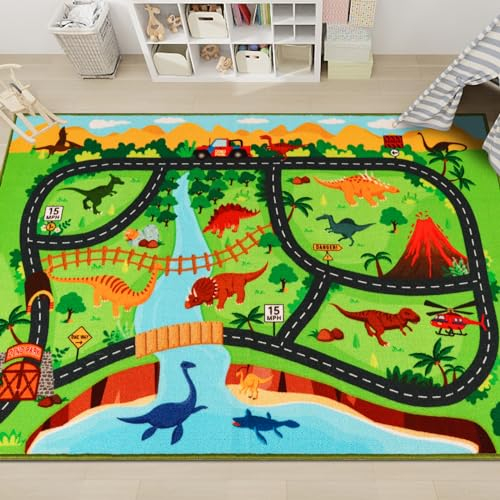 AKUNRUG Autoteppich Kinder,100 X 150 cm Dinosaurier Auto Teppiche Kinder,rutschfest Spielteppich StraßE,Maschinenwaschbar Kinderteppich Jungen füR Spielzimmer,Schlafzimmer,Wohnzimmer