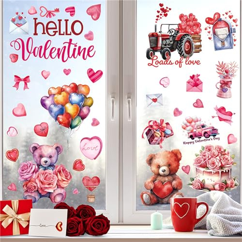 Uixxducc 9 Blätter Valentinstag Fensterbilder Selbstklebend, Fensterdekoration Valentinstag Wiederverwendbar mit Liebe,Bär,Tier Muster, Fenster Aufkleber Dekorationen für Valentinstag (Bär)
