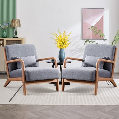 Bonzy Home Living Room Armchair Set of 2, Retro-Modern, Grey, Memory Foam, Wooden Frame, Occasional Chair for Bedroom & Living Room, Reading & Relaxing