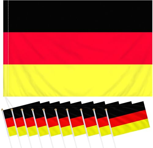 Bigqin Bandera de Alemán Grande de 90x145 cm + 10 Piezas Mini Bandera Alemán de 14x21 cm, Bandera Alemán de Poliéster para Olímpicos, Euro 2024
