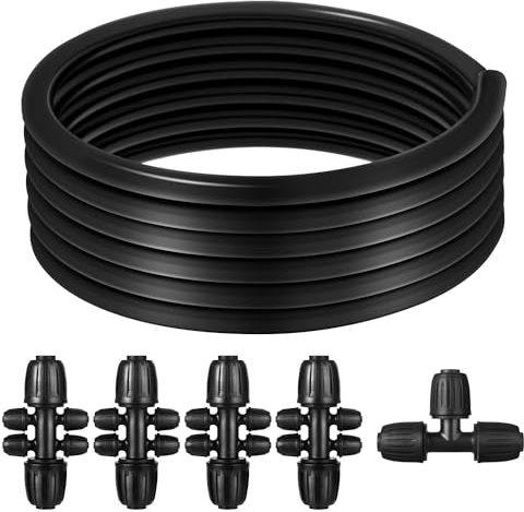 15m Garten Bewässerungsschlauch Micro Drip System Verbindungsrohr für 1/2 Zoll Rasen Wasser Schlauch mit 4 6-Wege-Anschlüssen & 1 3-Wege-Anschluss für Landwirtschaft Garten Bewässerungssystem