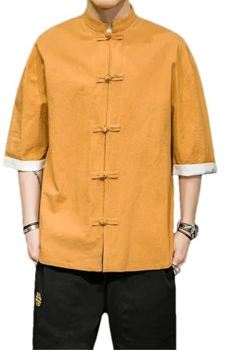 Kimono Veste Homme Traditionnel Chinois Vêtements Lin Hanfu Haut Manches Longues Tang Costume Kung Fu Chemise, jaune, M