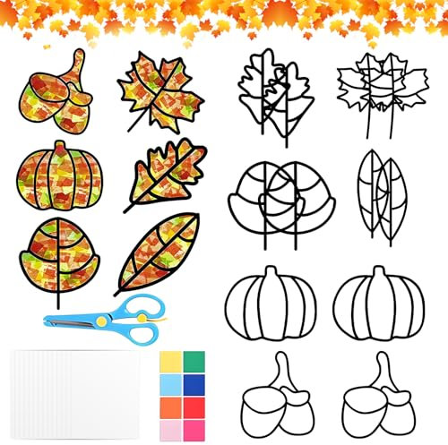 RoserRose Herbst Bastelset für Kinder - 12 Stück Fensterbilder, DIY Basteln für Jungen und Mädchen - Ahornblatt