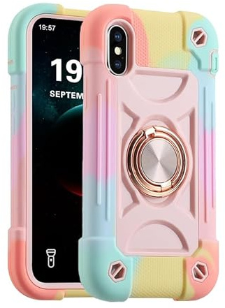 Gunroc for iPhone XS MAX Case with 360°Rotate Ring Stand, Military Grade Drop Shockproof, Full Body Protection, Heavy Duty, 3-Layer Protective Cover Case for iPhone XS MAX Pink