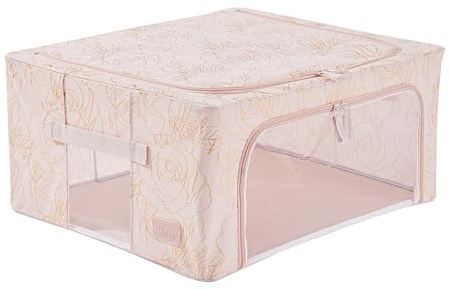 Periea ‘Beau’ Folding Collapsible Stackable Fabric Home Storage Boxes with Steel Frames (Metallic Floral Blush, Medium)