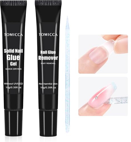 TOMICCA Solid Nail Glue Gel & Nail Glue Remover Kit, Air Dry Extra Strong Nail Glue for Acrylic Nails, Nail Glue Remover for Press on Nails False Nail, Easy to Use and Remove