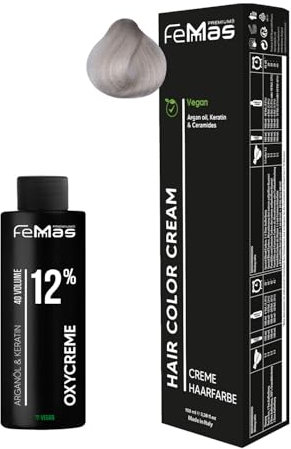 Femmas Haarfarbe Set Extra Platinblond Perl Asch 12.81 I Hair Color Cream 100ml + Oxycreme 100ml 12% I Permanente Haar-Coloration + Entwickler I Schonend & langanhaltend I Salon-Haarfarbe für Zuhause
