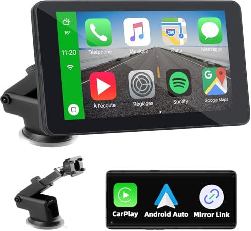 Pantalla Coche Carplay y Android Auto Inalámbrico, 7 Pulgadas Portátil Pantalla Carplay Coche Sin Instalación, Pantalla para Coche con Bluetooth, Navegador GPS, Mirror Link, Control de Voz, FM, AUX