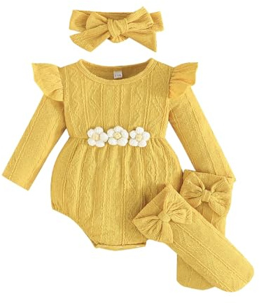 Kunyeah 3Pcs Vestiti per bambina Neonato Ruffle Romper Body a maniche lunghe+Fiocco per capelli+Calzini Tuta neonato a fiori