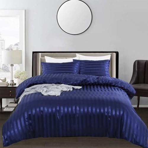Satin Duvet Cover Sets with Elegant Beautiful Striped Pattern, Italian Style Luxury Silky Soft Blue Satin Bedding Set Moisture-wicking 3 Piece King Size Satin Duvet Cover Sheets for All Seasons