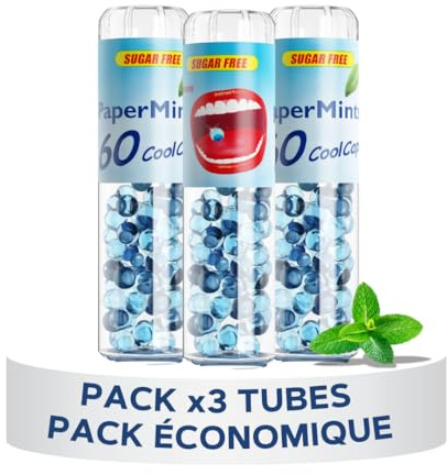 PAPERMINTS - Billes à la Menthe pour une haleine fraiche et durable - Combat la mauvaise haleine - Bonbon menthol sans sucre ni alcool - Grand format - PACK DE 3 TUBES - 180 billes