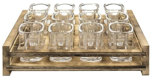 Plateau de service de boissons – Plateau de service en verre à whisky, support de service de vacances en bois brûlé | Plateau de service de boissons, plateau carré for noël, mariage, 12 verres à shot/