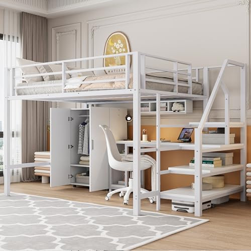 Hochbett 140x200cm mit Schreibtisch, Regalen, Kleiderschrank und Ablageleiter, Weiß, robust, ideal für Kinderzimmer, ohne Matratze, optimiert Platz und Stauraum.