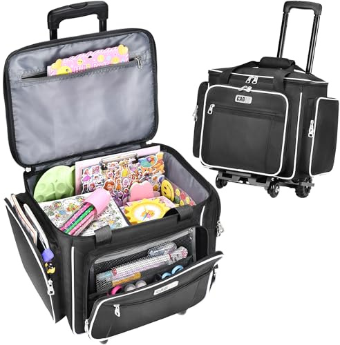 CAB55 Rolling Craft Bag, Rolling Tote Bag with Wheels for Women, Rolling Teacher Bag with Removable Folding Hand Truck, Schwarz, 17 x 12 x 12 inches