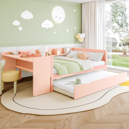 Kinderbett 140x200, Multifunktionales Holzbett Flachbett mit Ausziehbett, Bücherregal und Schreibtisch, Bettgestell mit Lattenrost, Funktionsbett Doppelbett Tagesbett Jugendbett, ohne Matratze, Rosa