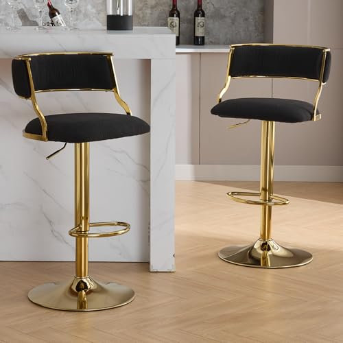chairus Tabourets de Bar en Velours Lot de 2 Chaises de Bar Dorée Moderne, Chaise Haute Cuisine avec Repos Pied, Noir