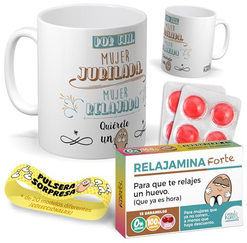 mundohuevo Kit regalo personalizado jubilación | Taza Mujer jubilada, mujer relajada + Caramelos divertidos + Pulsera sorpresa | Regalo divertido, original y único para jubiladas.