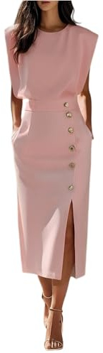 FUPODD Etuikleid Damen Elegant Für Hochzeit Lang Cocktailkleid Business Kleid Hochzeitsgast Midi Mit Schlitz Abendkleid Festliche Kleider Knöpfe Midikleid Frauen Mit Taschen Sommerkleid Elegante